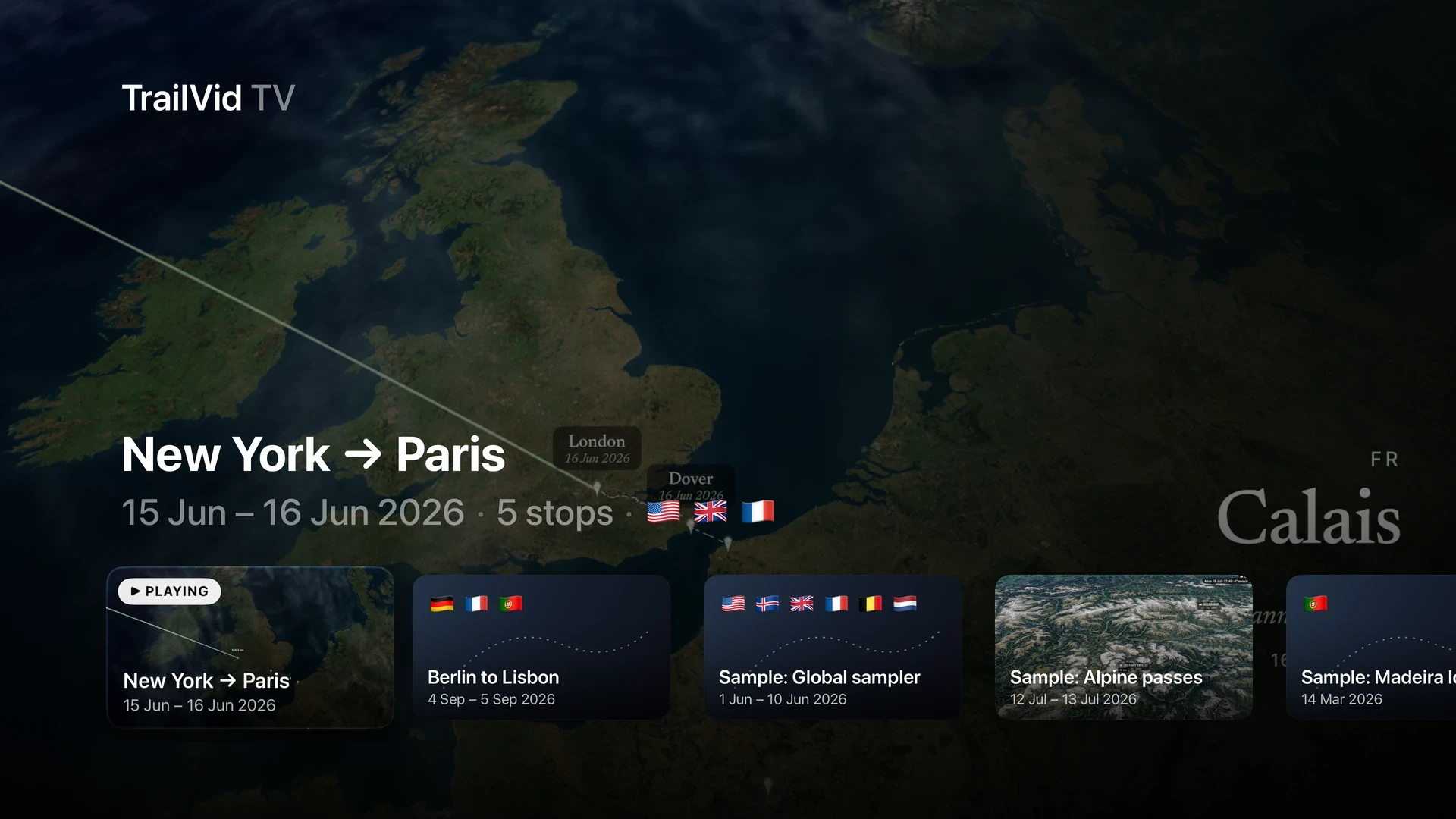 TrailVid on Apple TV with New York to Paris selected in a shelf of saved trips
