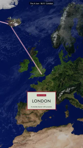 Chapter theme rendering the London arrival card over daylight Europe