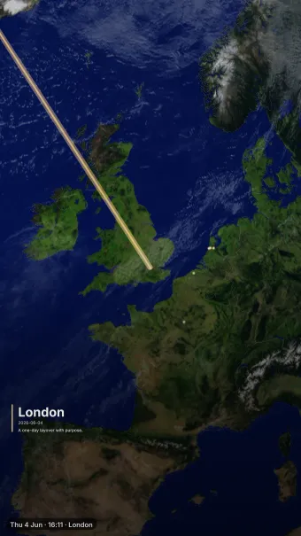 Cinematic theme rendering the London arrival card over daylight Europe