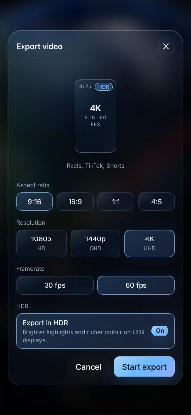 TrailVid on iPhone showing aspect ratio, resolution, frame rate, and HDR export controls