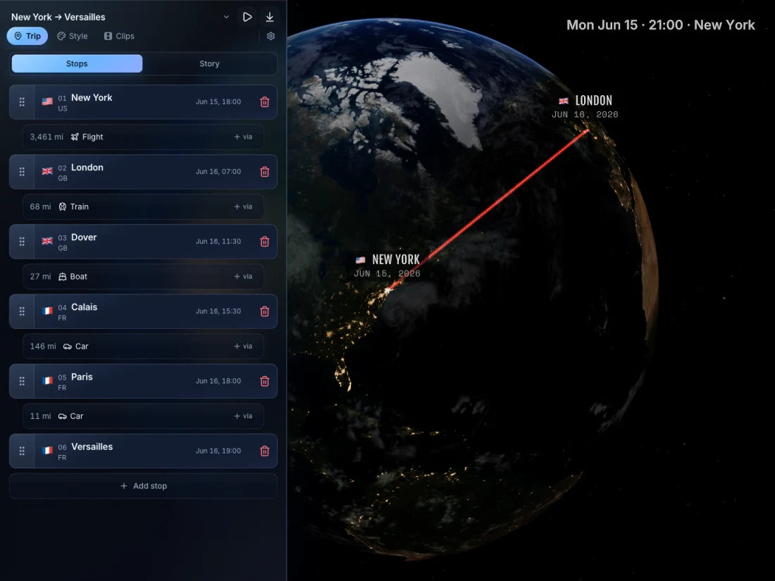 TrailVid on iPad showing the itinerary beside a large globe preview