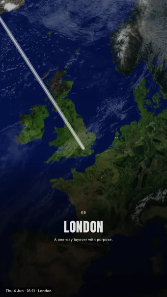 Monument theme rendering the London arrival card over daylight Europe