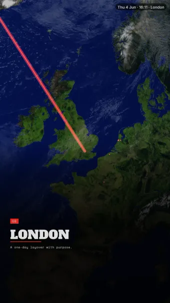 Signal theme rendering the London arrival card over daylight Europe