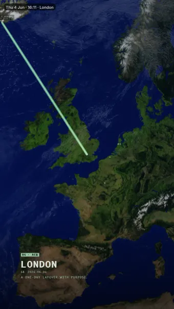Vector theme rendering the London arrival card over daylight Europe
